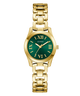 Gold GUESS Ladies Gold Tone Analog Watch with a green dial on a white background