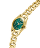 Gold GUESS Ladies Gold Tone Analog Watch with a green face on a white background lifestyle
