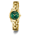 Gold GUESS Ladies Gold Tone Analog Watch with a green dial on a white background