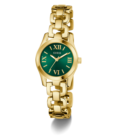 Gold GUESS Ladies Gold Tone Analog Watch with a green dial on a white background