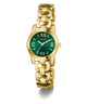 Gold GUESS Ladies Gold Tone Analog Watch with a green dial on a white background