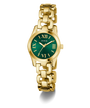 Gold GUESS Ladies Gold Tone Analog Watch with a green dial on a white background