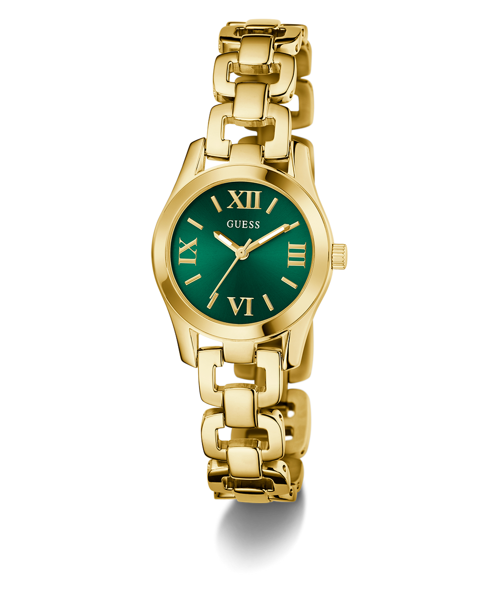 Gold GUESS Ladies Gold Tone Analog Watch with a green dial on a white background