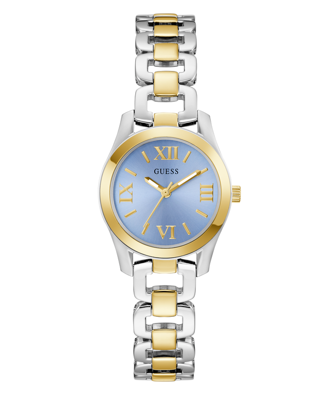 Two-tone silver and gold watch with a blue face on a white background