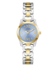 Two-tone silver and gold watch with a blue face on a white background