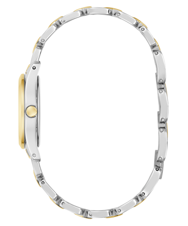Close-up of a watch band with silver and gold accents on a white background