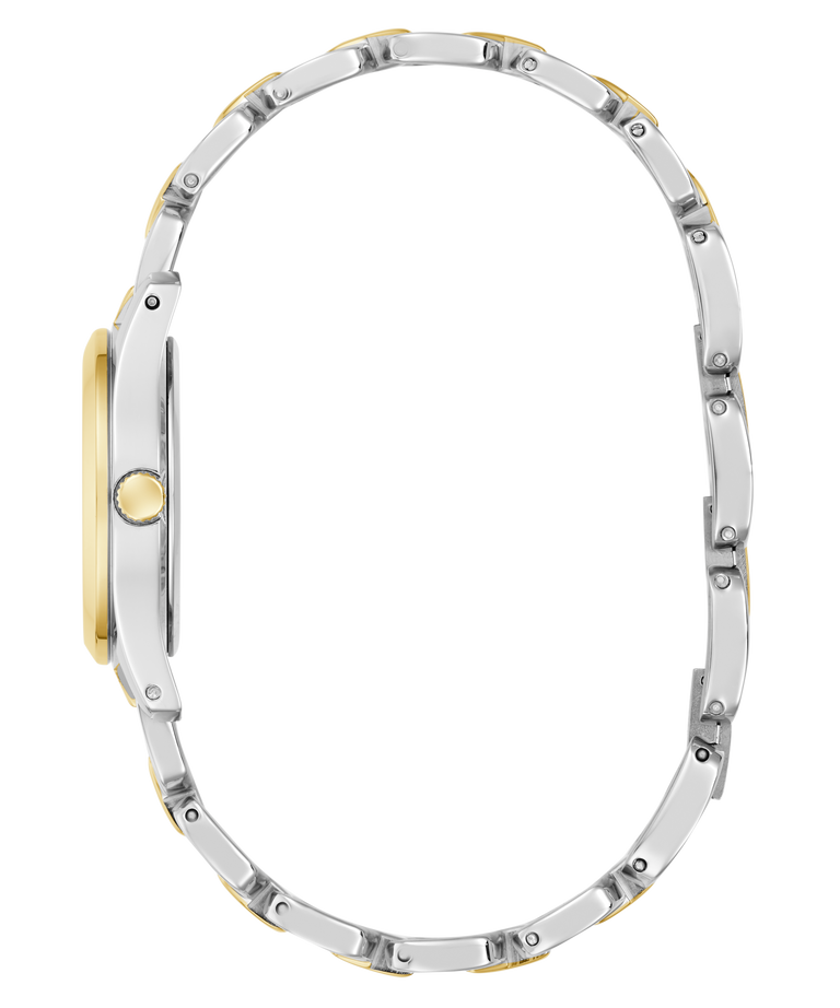 Close-up of a watch band with silver and gold accents on a white background