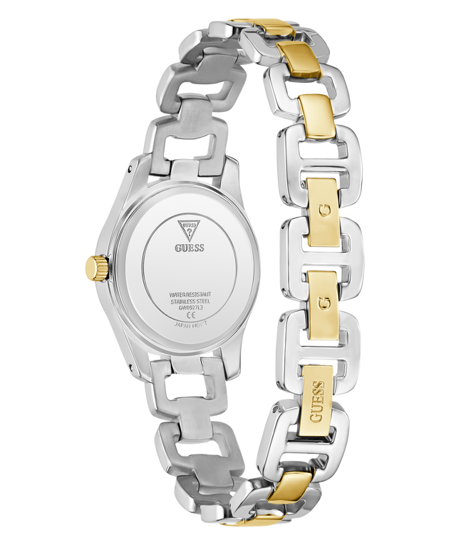 Two-tone Guess watch with silver and gold links on a white background