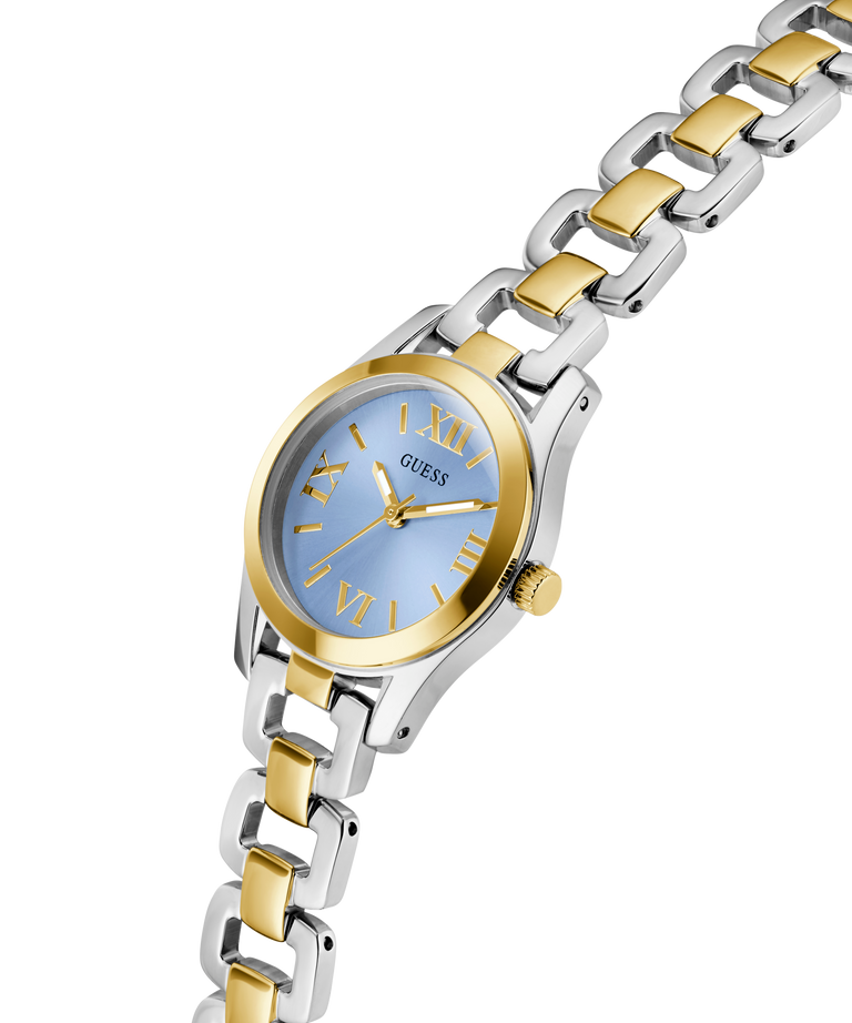 Two-tone silver and gold watch with a light blue face on a white background lifestyle