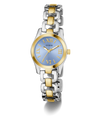 Two-tone Guess watch with silver and gold band on a white background
