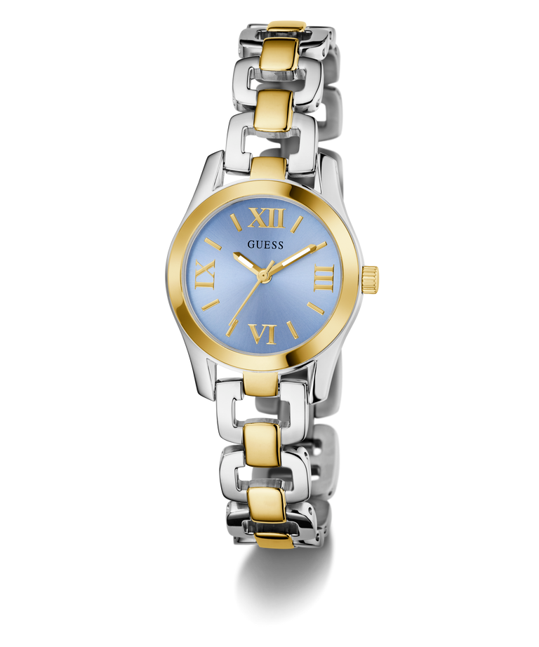 Two-tone Guess watch with silver and gold band on a white background