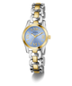 Two-tone Guess watch with silver and gold band on a white background