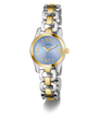 Two-tone Guess watch with silver and gold band on a white background