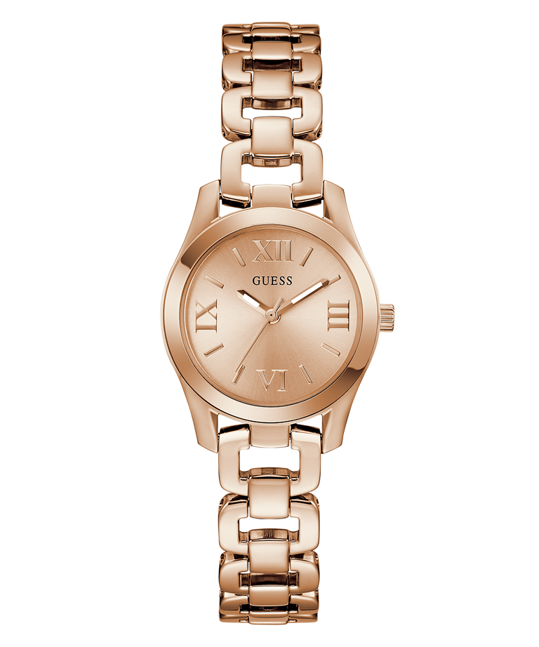 GUESS Ladies Rose Gold Tone Analog Watch with chain strap on a white background