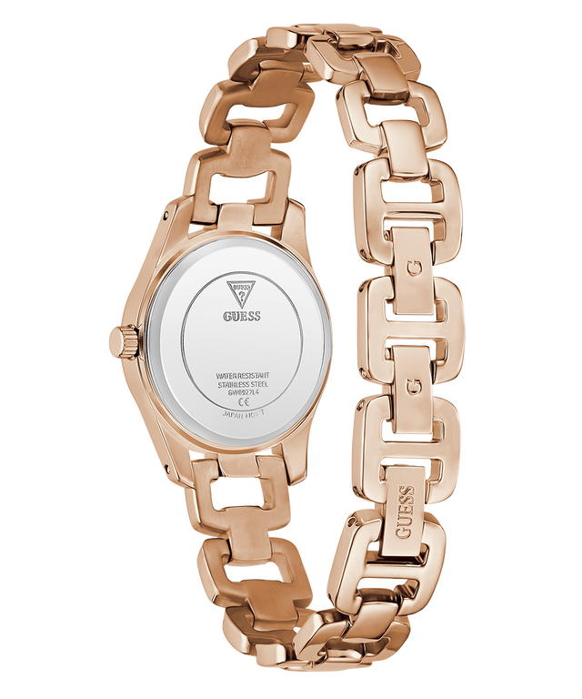 Rose gold chain-link GUESS Ladies Rose Gold Tone Analog Watch with visible brand logo on a white background