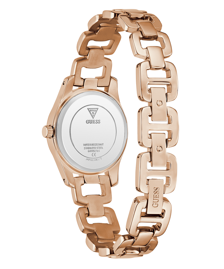 Rose gold chain-link GUESS Ladies Rose Gold Tone Analog Watch with visible brand logo on a white background