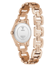 Rose gold chain-link GUESS Ladies Rose Gold Tone Analog Watch with visible brand logo on a white background