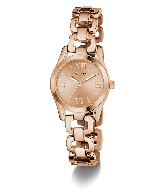 Rose gold watch with chain strap on a white background