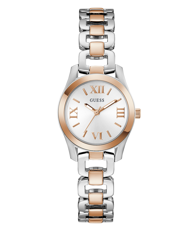 GUESS Ladies 2-Tone Analog Watch with silver and rose gold band on a white background
