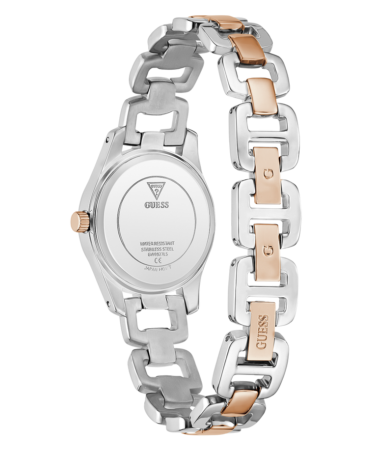 GUESS Ladies 2-Tone Analog Watch with silver and rose gold band on a white background