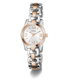 Two-tone Guess watch with silver and rose gold band on a white background