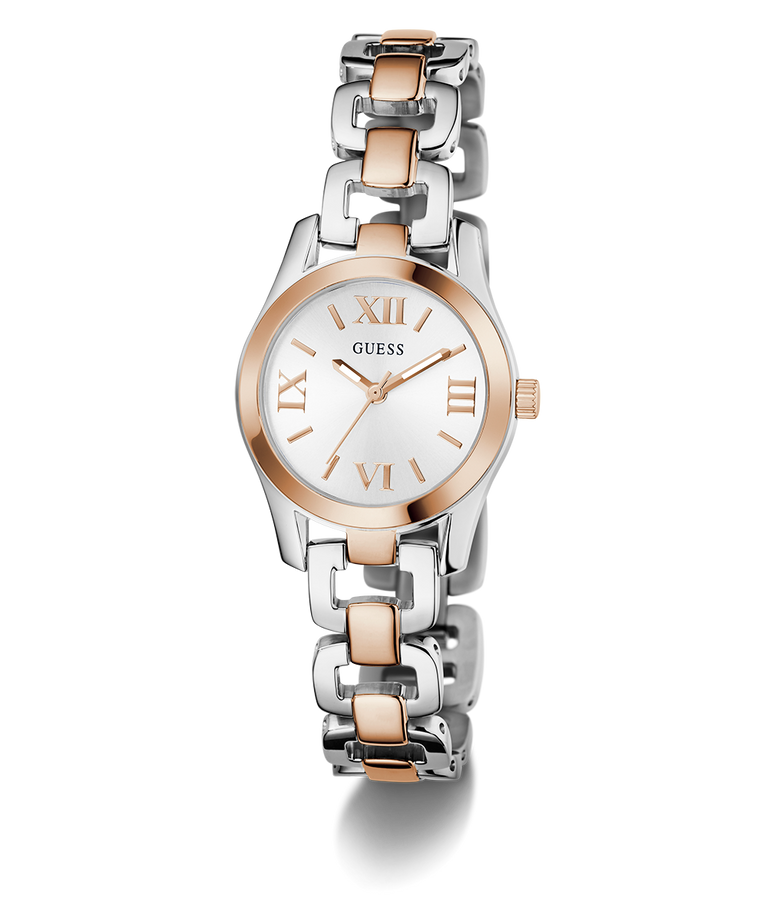 Two-tone Guess watch with silver and rose gold band on a white background