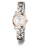 Two-tone Guess watch with silver and rose gold band on a white background