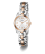 Two-tone Guess watch with silver and rose gold band on a white background