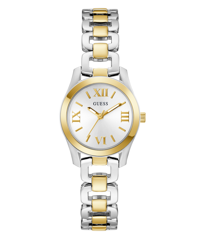 Two-tone silver and gold watch with a white dial on a white background GW0927L6 GUESS Ladies 2-Tone Analog Watch