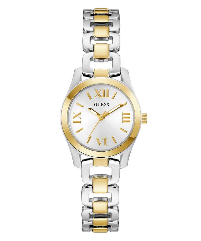 Two-tone silver and gold watch with a white dial on a white background GW0927L6 GUESS Ladies 2-Tone Analog Watch