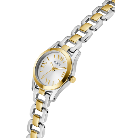 Two-tone silver and gold watch with a white face on a white background lifestyle