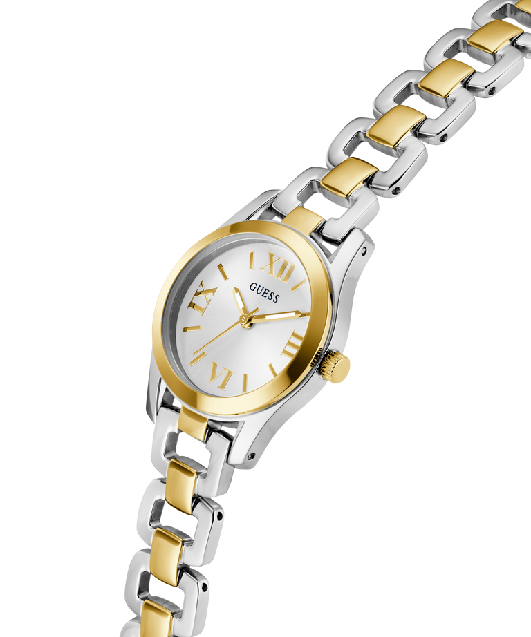 Two-tone silver and gold watch with a white face on a white background lifestyle
