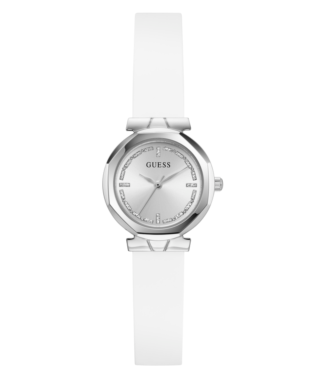 GUESS Ladies White Silver Tone Analog Watch with silver case on a white background