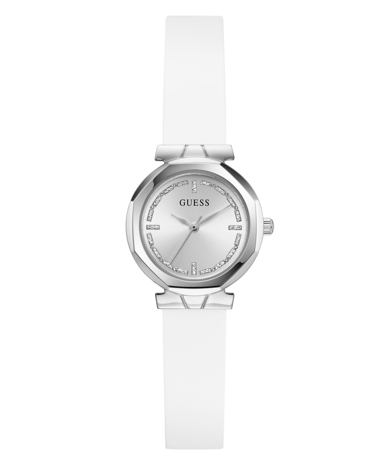 GUESS Ladies White Silver Tone Analog Watch with silver case on a white background