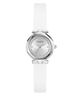 GUESS Ladies White Silver Tone Analog Watch with silver case on a white background