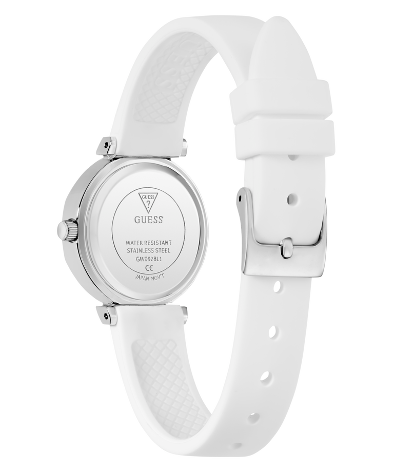 White watch with a visible brand logo on a white background