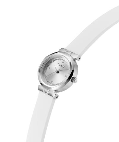 White Guess watch with silver case on a white background lifestyle