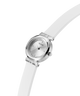 White Guess watch with silver case on a white background lifestyle