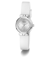 GUESS Ladies White Silver Tone Analog Watch with a silver bezel on a white background