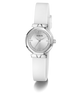 GUESS Ladies White Silver Tone Analog Watch with a silver bezel on a white background