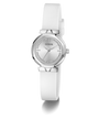 GUESS Ladies White Silver Tone Analog Watch with a silver bezel on a white background