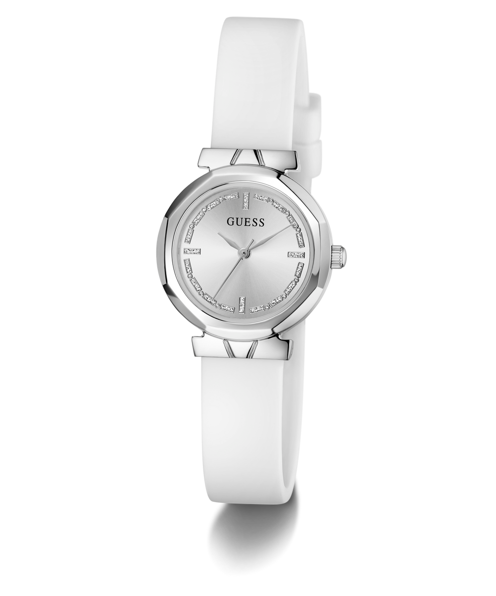 GUESS Ladies White Silver Tone Analog Watch with a silver bezel on a white background