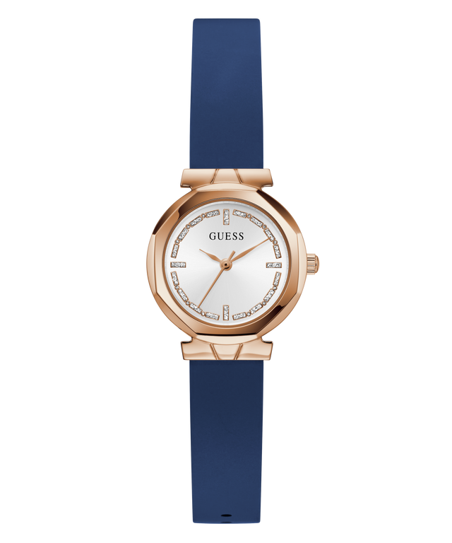 GUESS Ladies Blue Rose Gold Tone Analog Watch with blue strap and rose gold case on white background