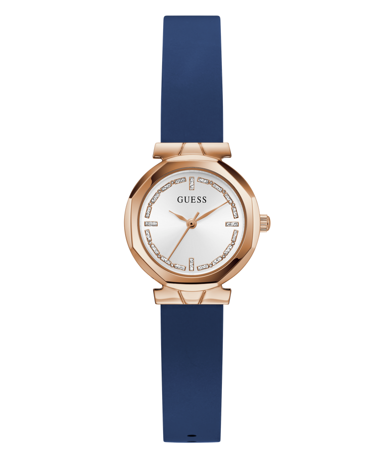 GUESS Ladies Blue Rose Gold Tone Analog Watch with blue strap and rose gold case on white background