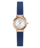 GUESS Ladies Blue Rose Gold Tone Analog Watch with blue strap and rose gold case on white background