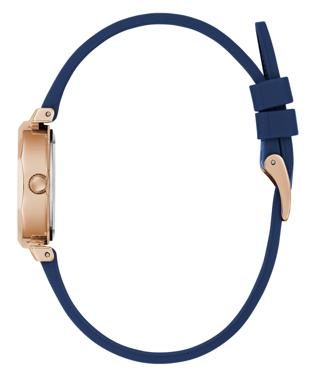 Wristwatch with blue strap and gold case on a white background