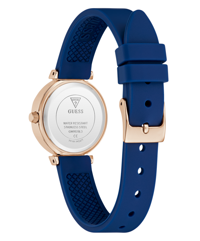 Guess watch with blue strap and gold case on a white background