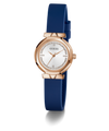 GUESS Ladies Blue Rose Gold Tone Analog Watch with blue strap and rose gold case on white background