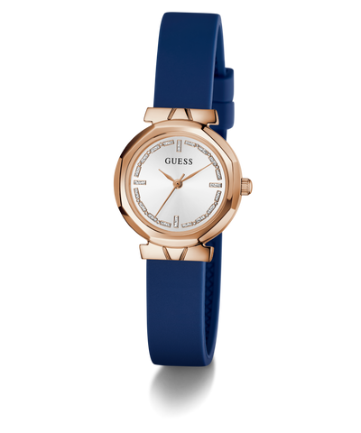GUESS Ladies Blue Rose Gold Tone Analog Watch with blue strap and rose gold case on white background