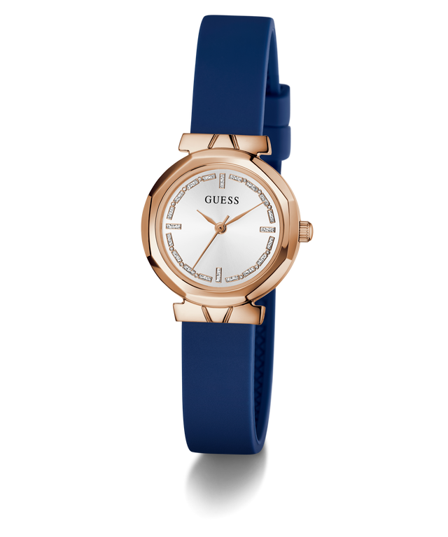 GUESS Ladies Blue Rose Gold Tone Analog Watch with blue strap and rose gold case on white background